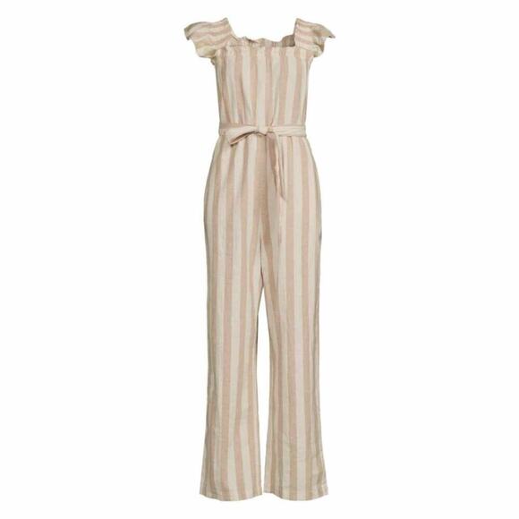 VERO MODA Belted Linen Blend Stripe Jumpsuit Size XL - Picture 1 of 9